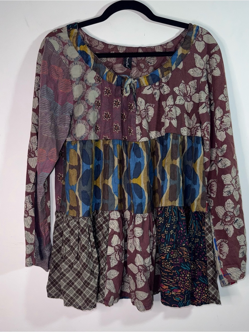Sacred Threads Patchwork Boho Tunic Top S Mixed Print Rayon
